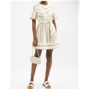 Staud York Cotton Linen Chevron Striped Cut Out Fringe Tie A Line Mini Dress S